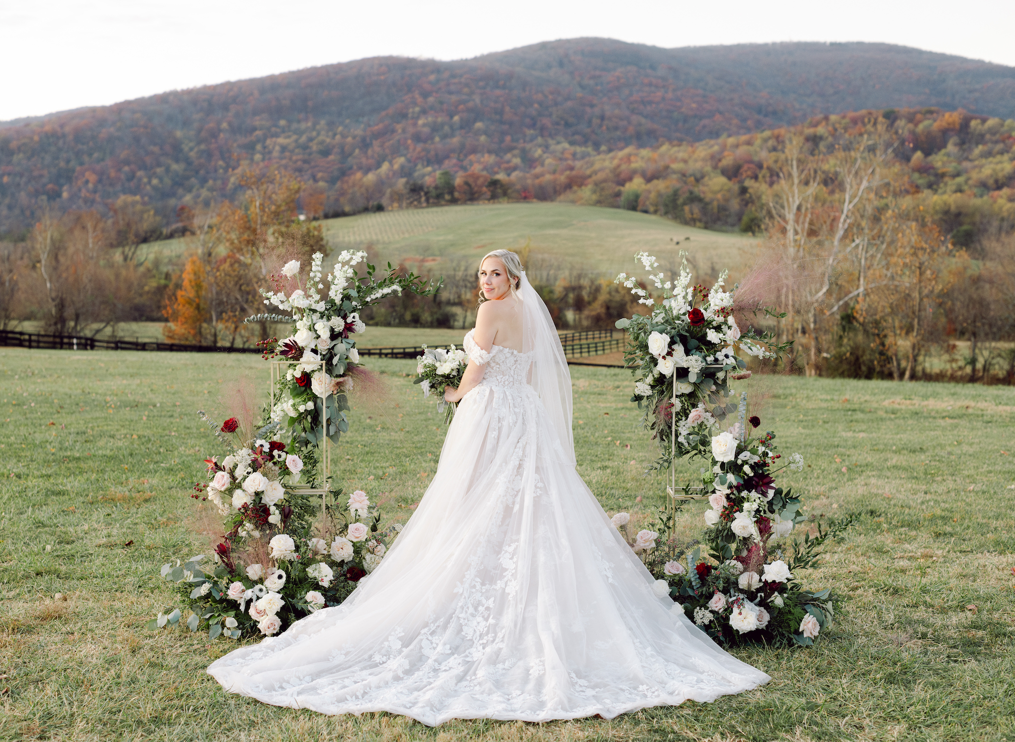 Virginia wedding with floral stands for the ceremony