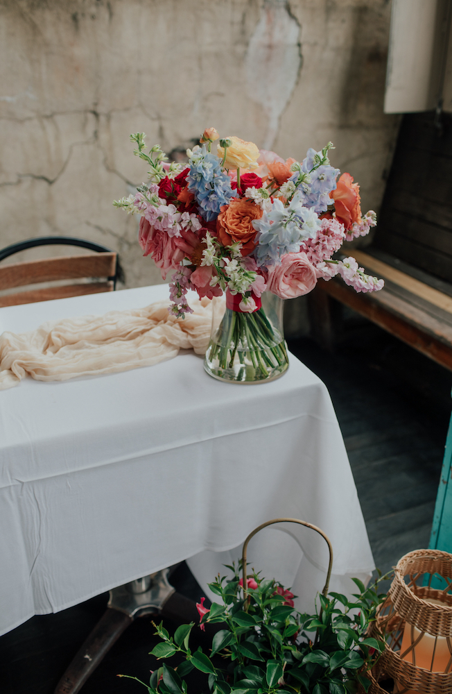 Bridal bouquet on table at Virginia wedding